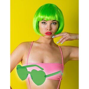 Women's Green 12 Inch Costume Cosplay Party Short Bob Wigs And Sunglass